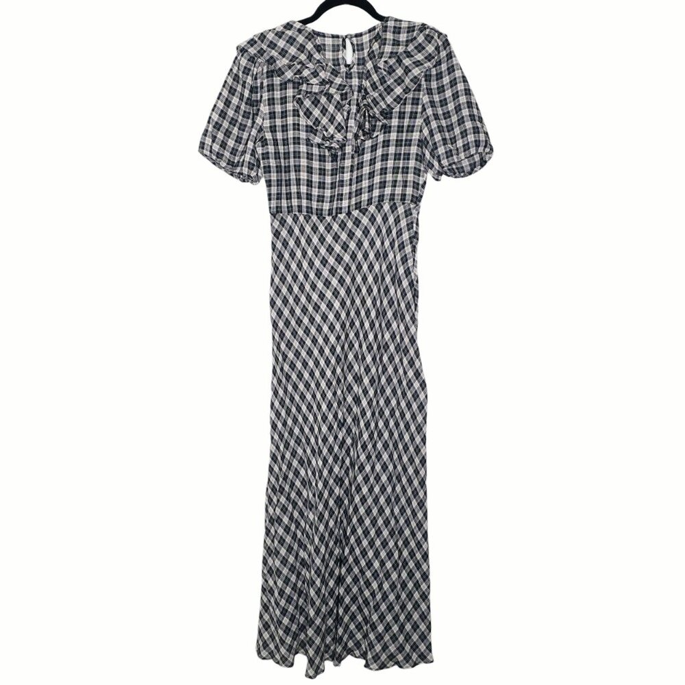 Doen Gwyneira Navy Countryside Plaid Ruffle‎ Cotton Midi Dress Size L - Picture 7 of 9